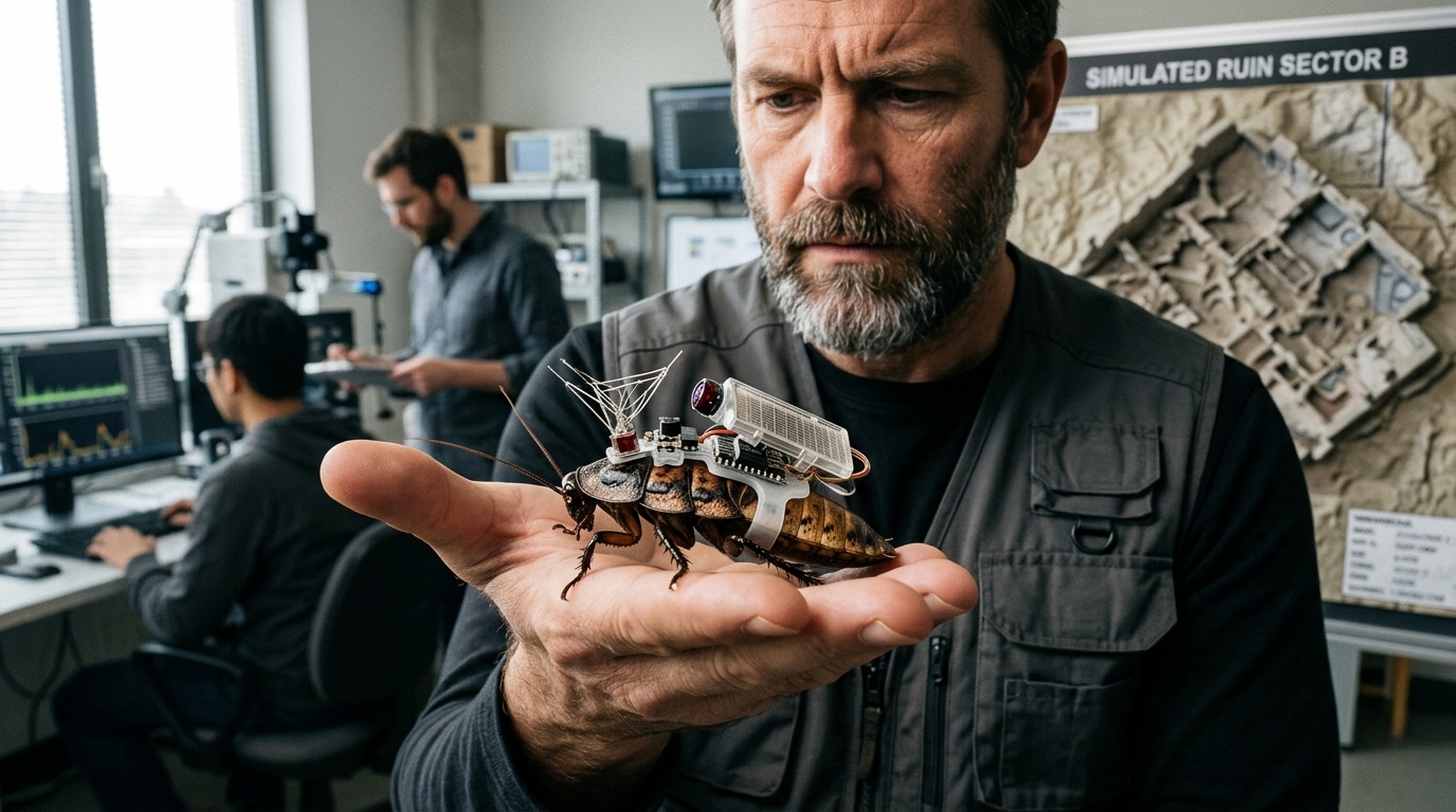 A cyborg cockroach equipped with sensors for search and rescue in disaster zones.