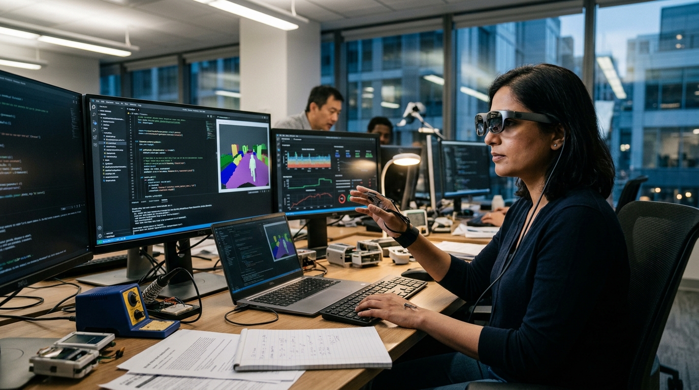 A visually impaired user utilizing AI technology for real-time environmental navigation.