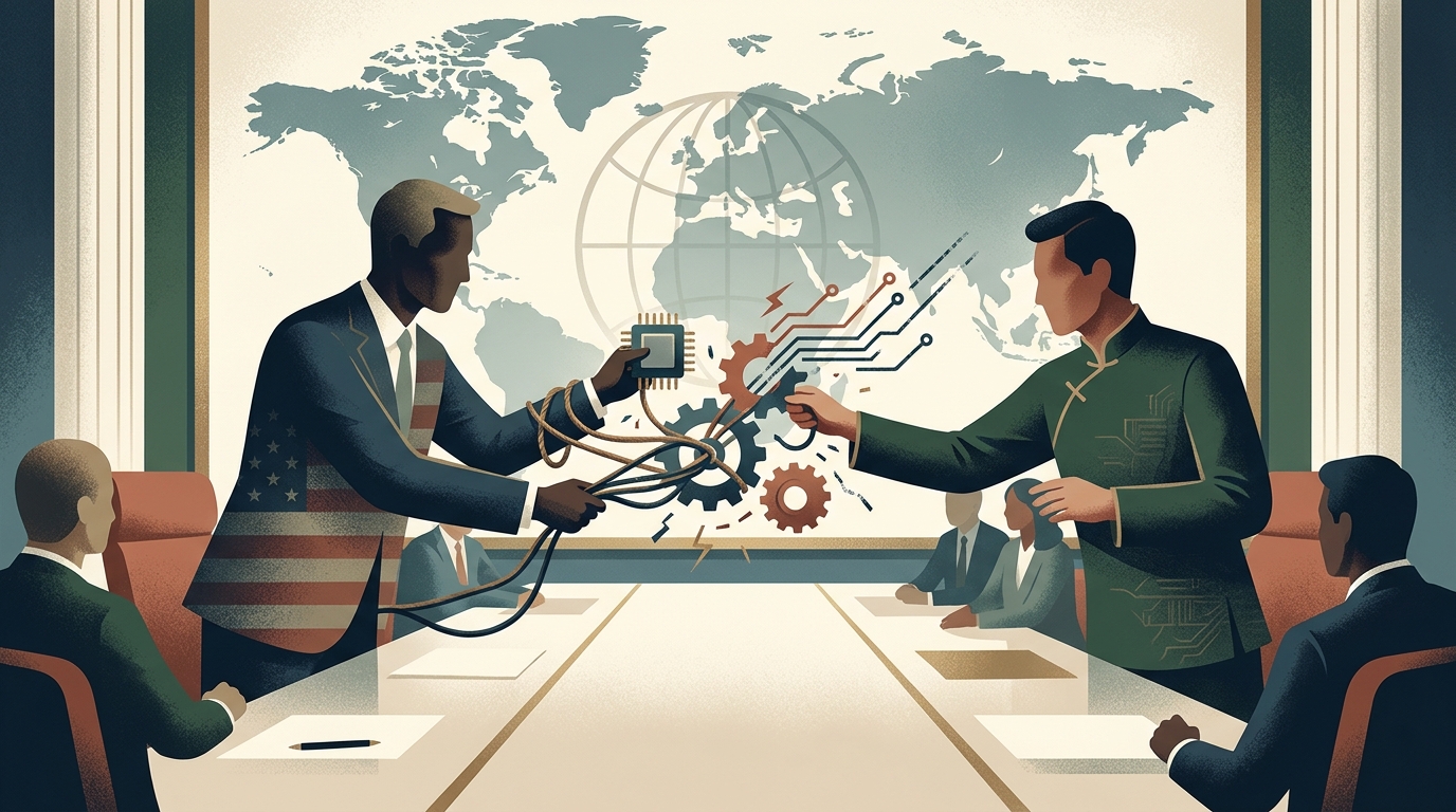 US and China flags with drone technology icons representing AI trade tensions.