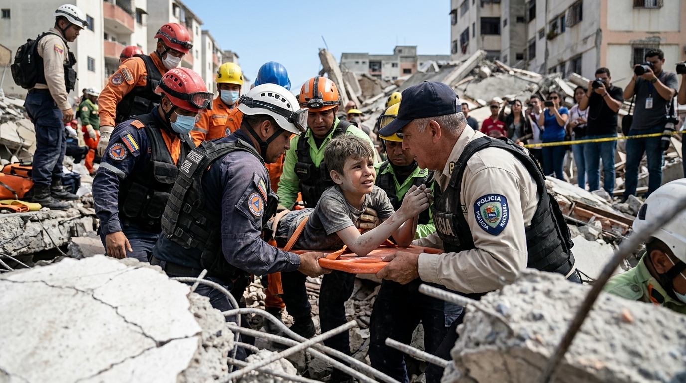 Rescuers extracting a child from earthquake ruins in Venezuela during a rescue mission.