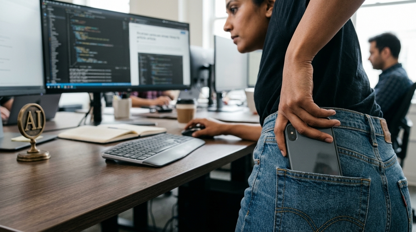 Professional balancing AI tools and human creativity in the workplace.