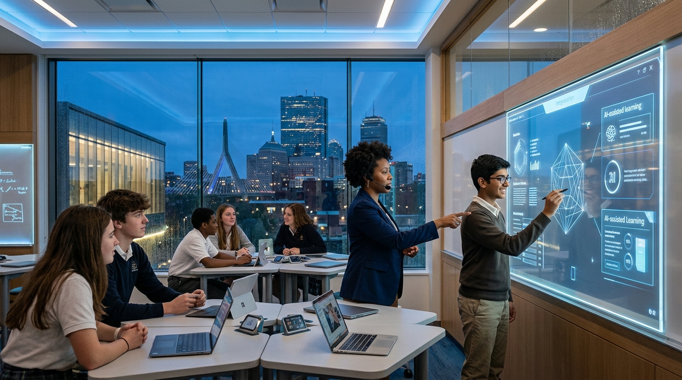 Students using AI-powered learning tools in a modern Boston classroom.
