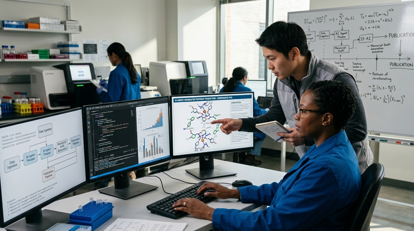 Agentic AI system processing complex bioinformatics data for automated scientific research publication.