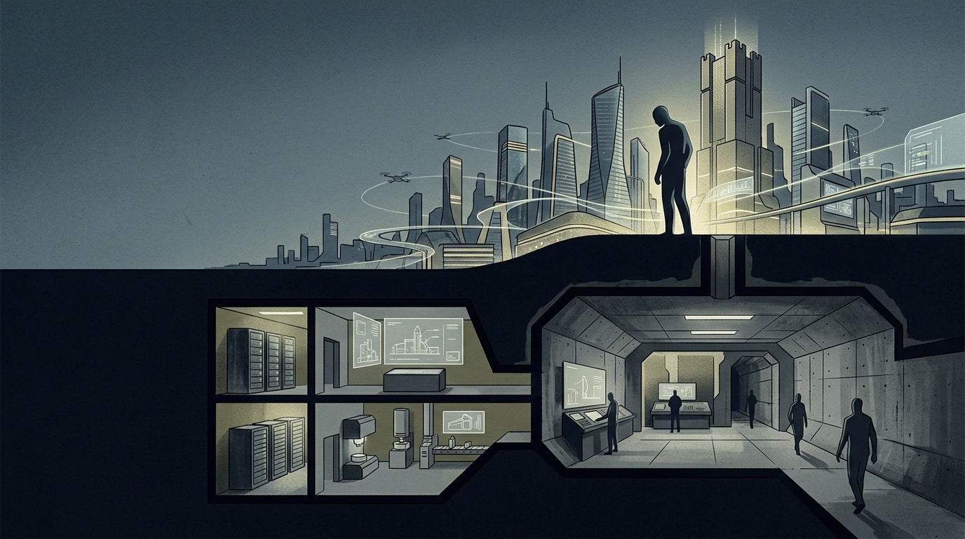 Luxury underground doomsday bunker built by tech billionaires for global collapse survival.