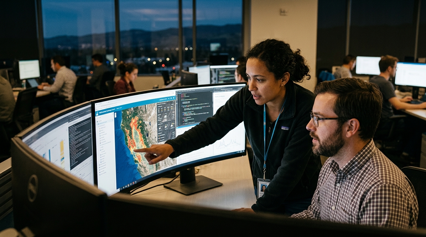 PG&E wildfire AI monitoring system analyzing forest fire risks in California.