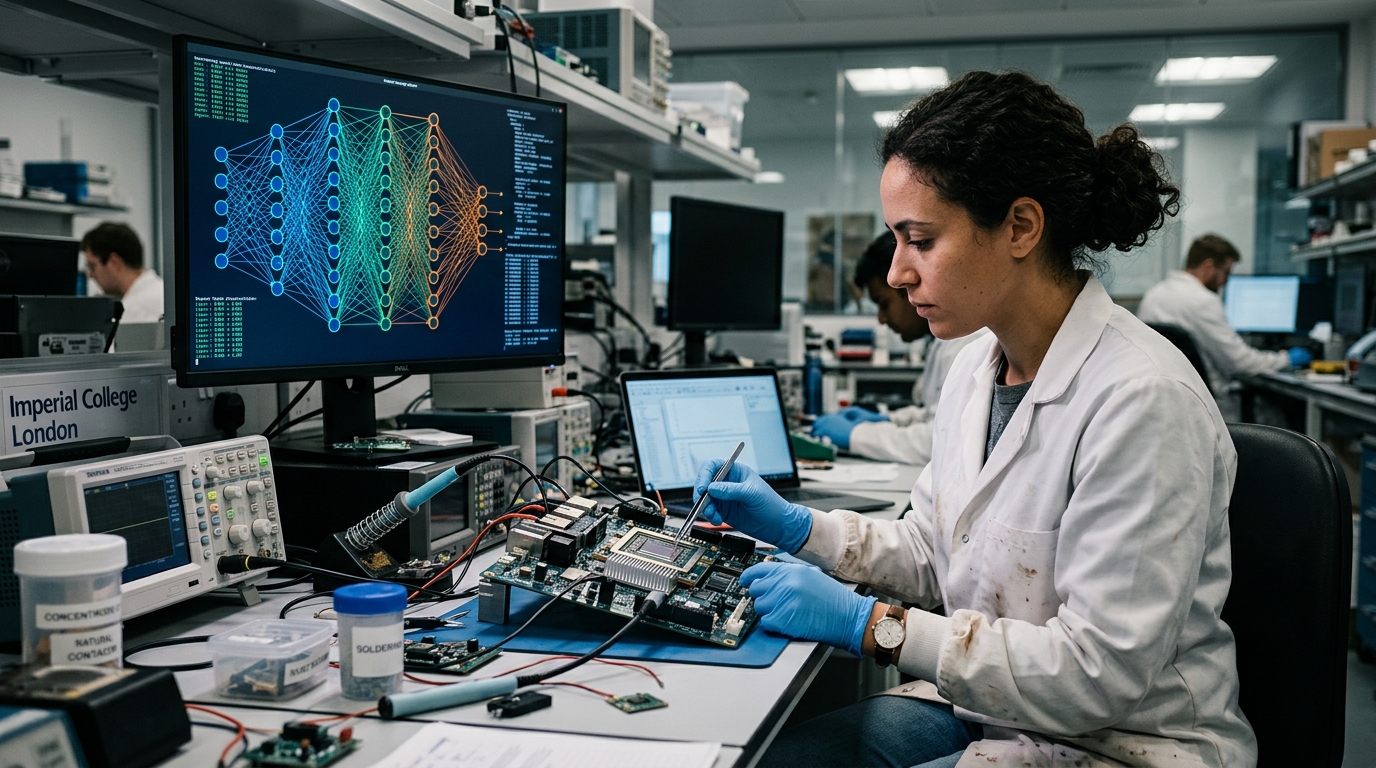 Scientist in a modern lab using artificial intelligence for scientific research.