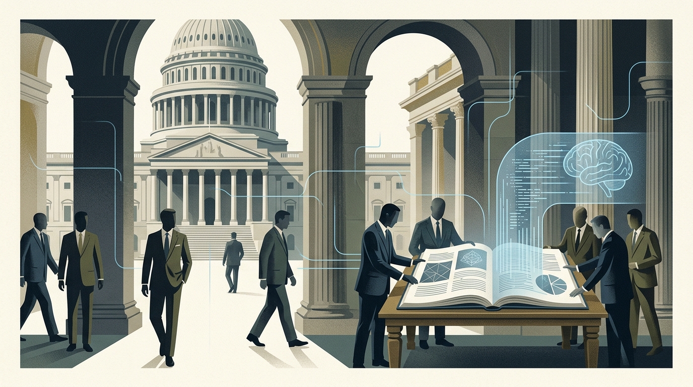 Abstract visualization of AI policy and digital governance in Greece.