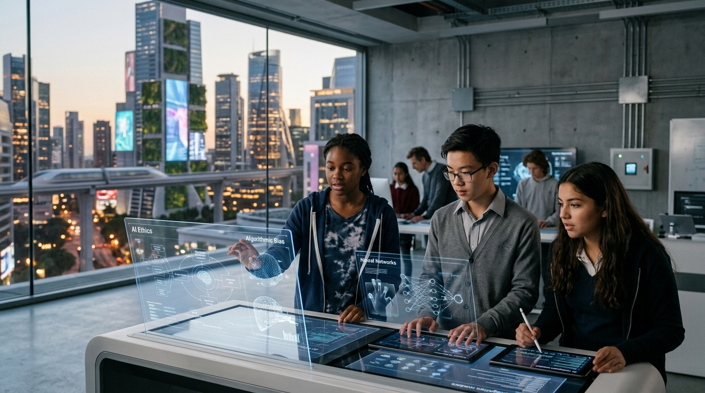 Students in a digital classroom using Artificial Intelligence tools for learning.