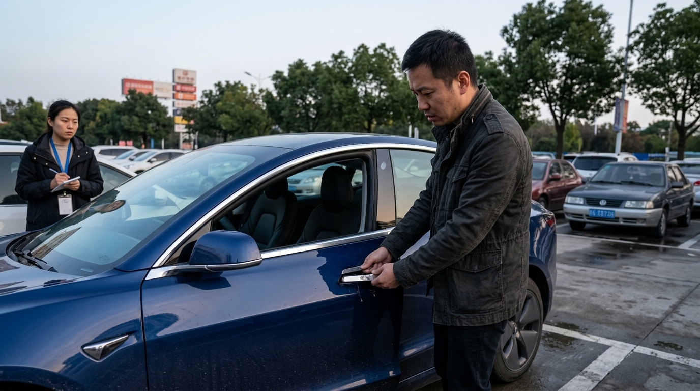 Λεπτομέρεια από χειρολαβή Tesla σε λευκό όχημα, σχετική με την ανάκληση στην Κίνα.