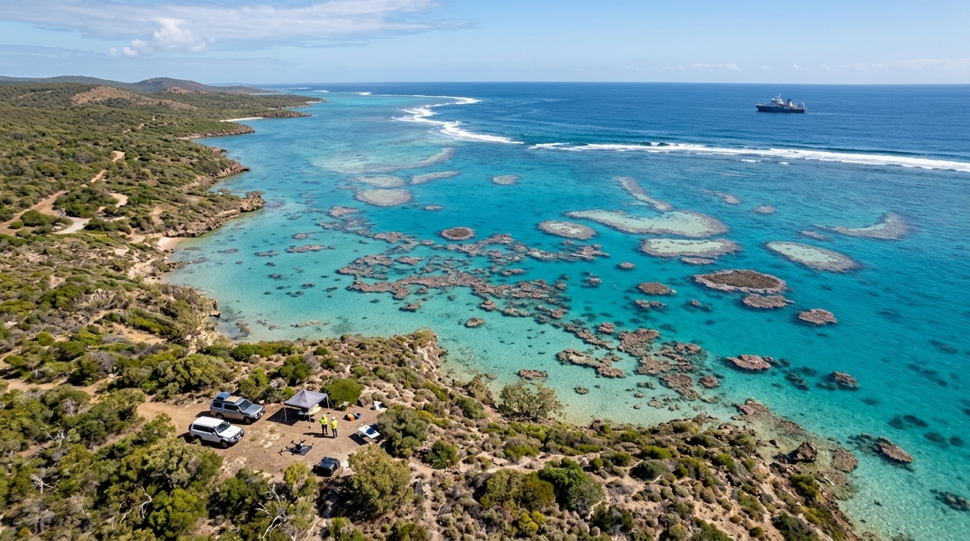 Aerial view of the Great Barrier Reef in Australia under UNESCO protection status.