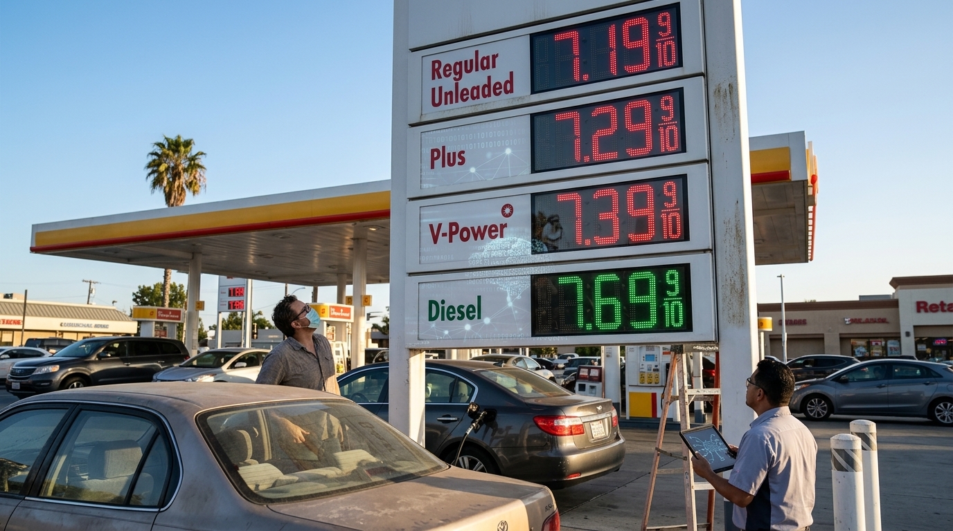 Digital visualization of AI algorithms controlling gas station prices, illustrating algorithmic collusion.