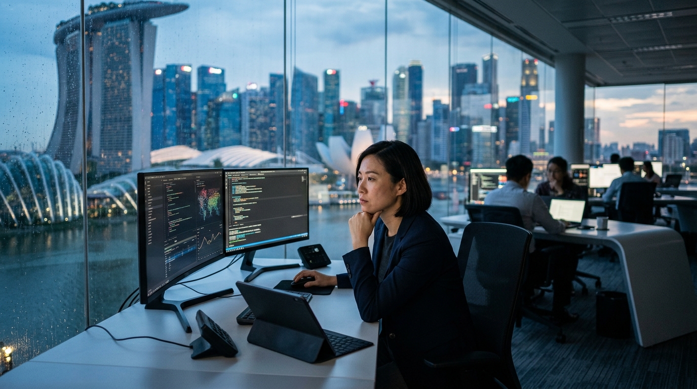 Office worker with digital AI charts symbolizing the productivity paradox in the workplace.