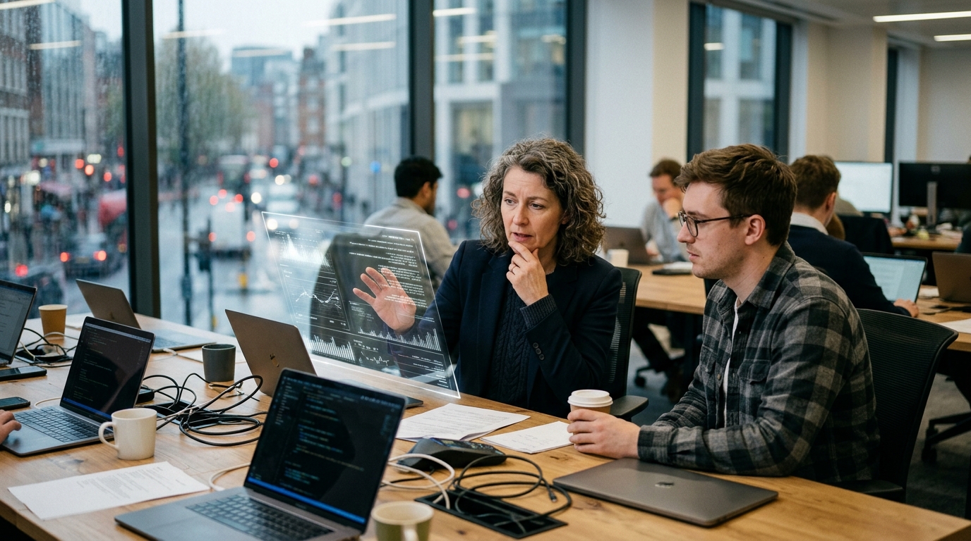 Modern office with digital AI elements symbolizing the pressure of productivity and efficiency in the workplace.