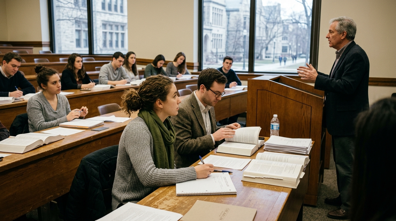 Law students in a classroom without laptops following a ban to limit AI reliance.