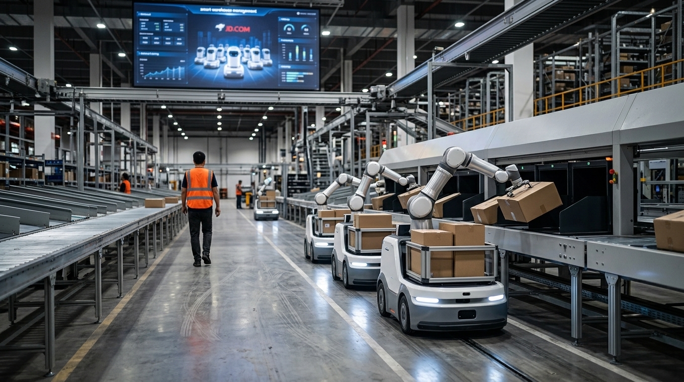 Ρομπότ διανομής της JD.com σε αυτοματοποιημένο κέντρο logistics.
