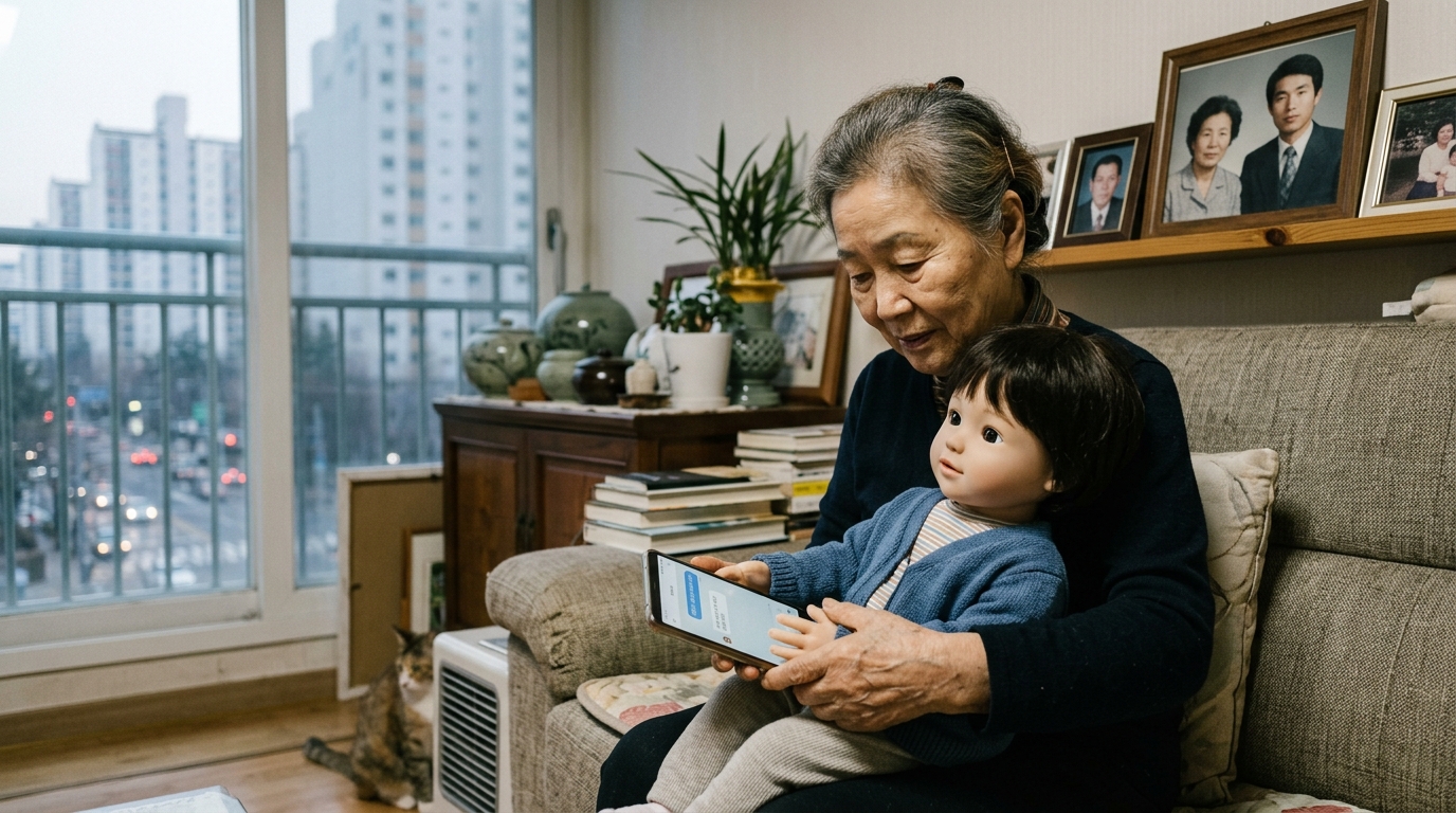 An elderly person interacting with a robotic AI doll in South Korea.