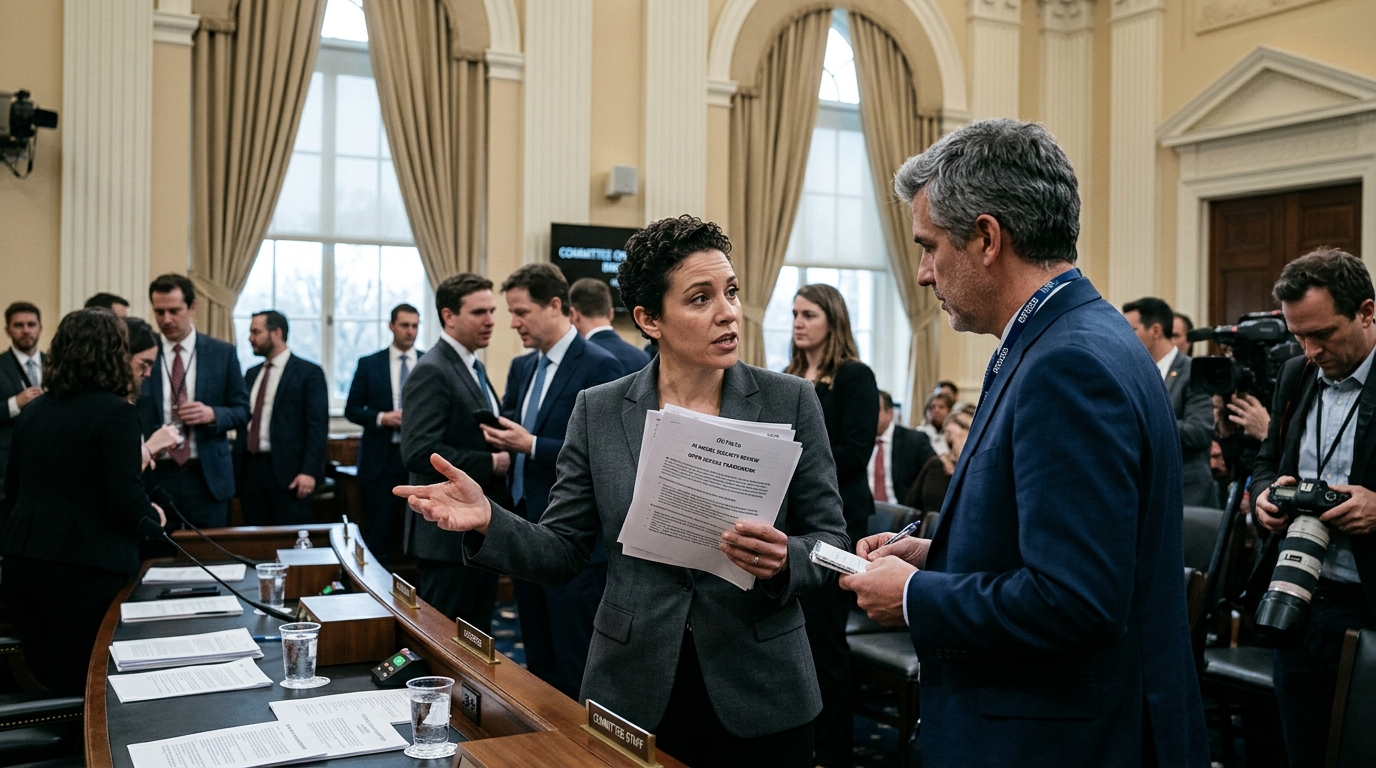Το λογότυπο της Meta δίπλα σε σύμβολα εθνικής ασφάλειας και τεχνητής νοημοσύνης.