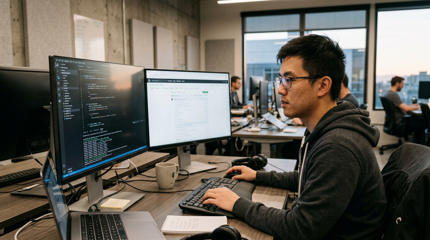 Developer using Kimi K2.7 model within GitHub Copilot for AI-assisted coding.