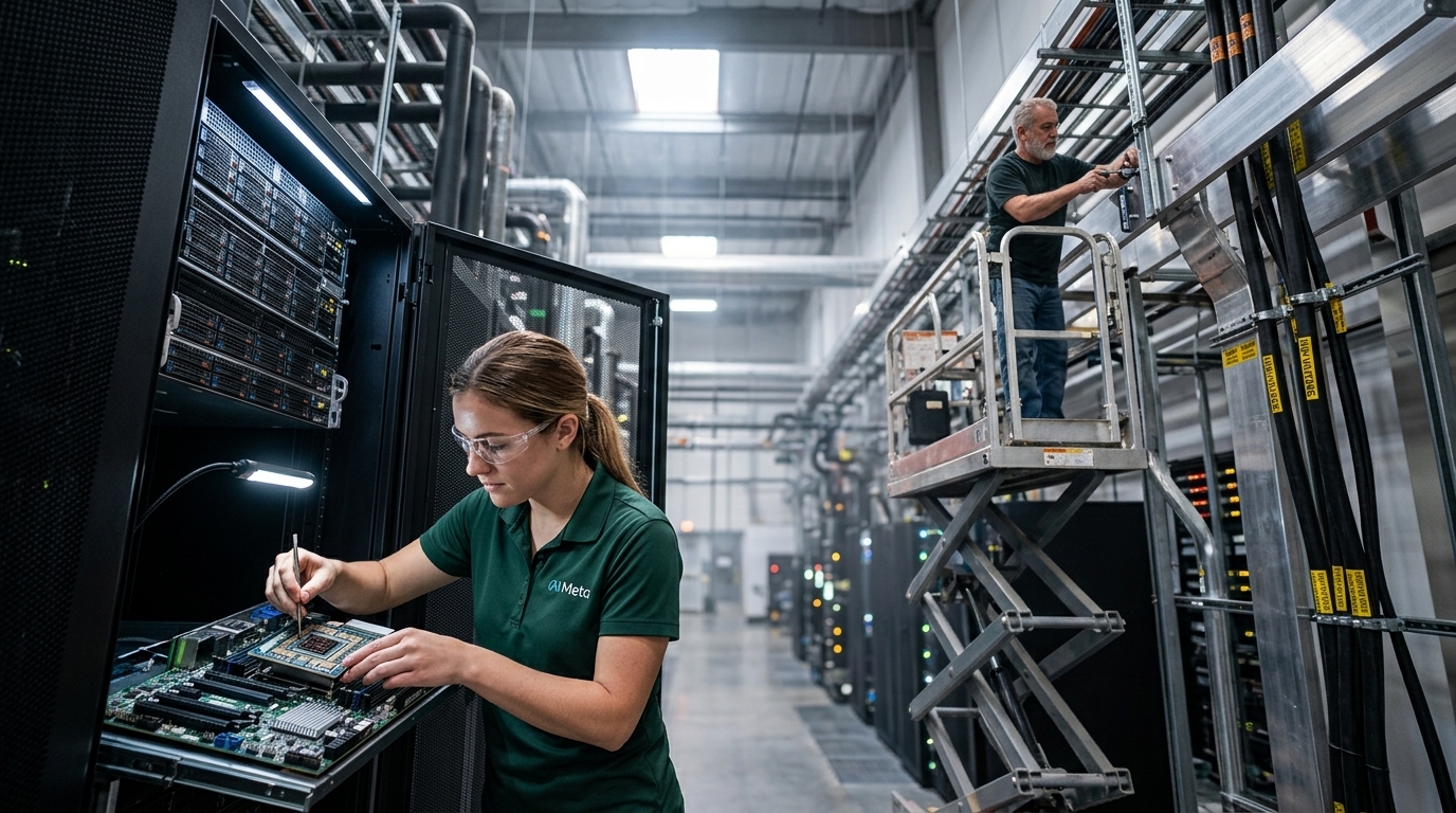 Ψηφιακή απεικόνιση των νέων τσιπ AI της Meta σε κέντρο δεδομένων.