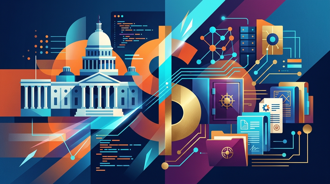 Illustration of a presidential library and SoftBank AI data centers.