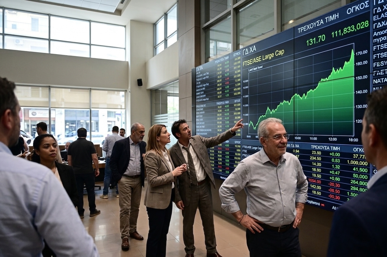 Athens Stock Exchange building with digital charts showing the 2,500-point milestone.