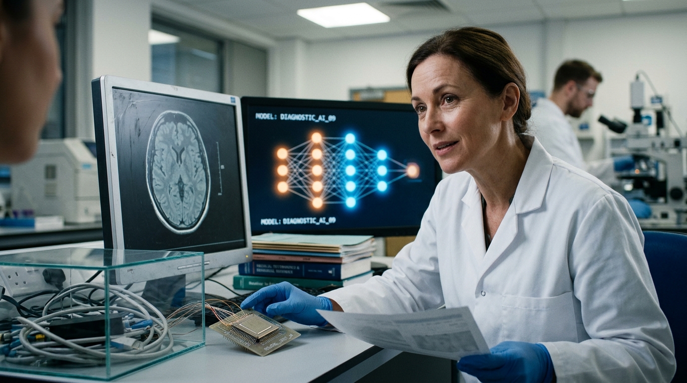 A doctor reviewing medical data on a digital screen, representing AI in medicine and clinical intuition.