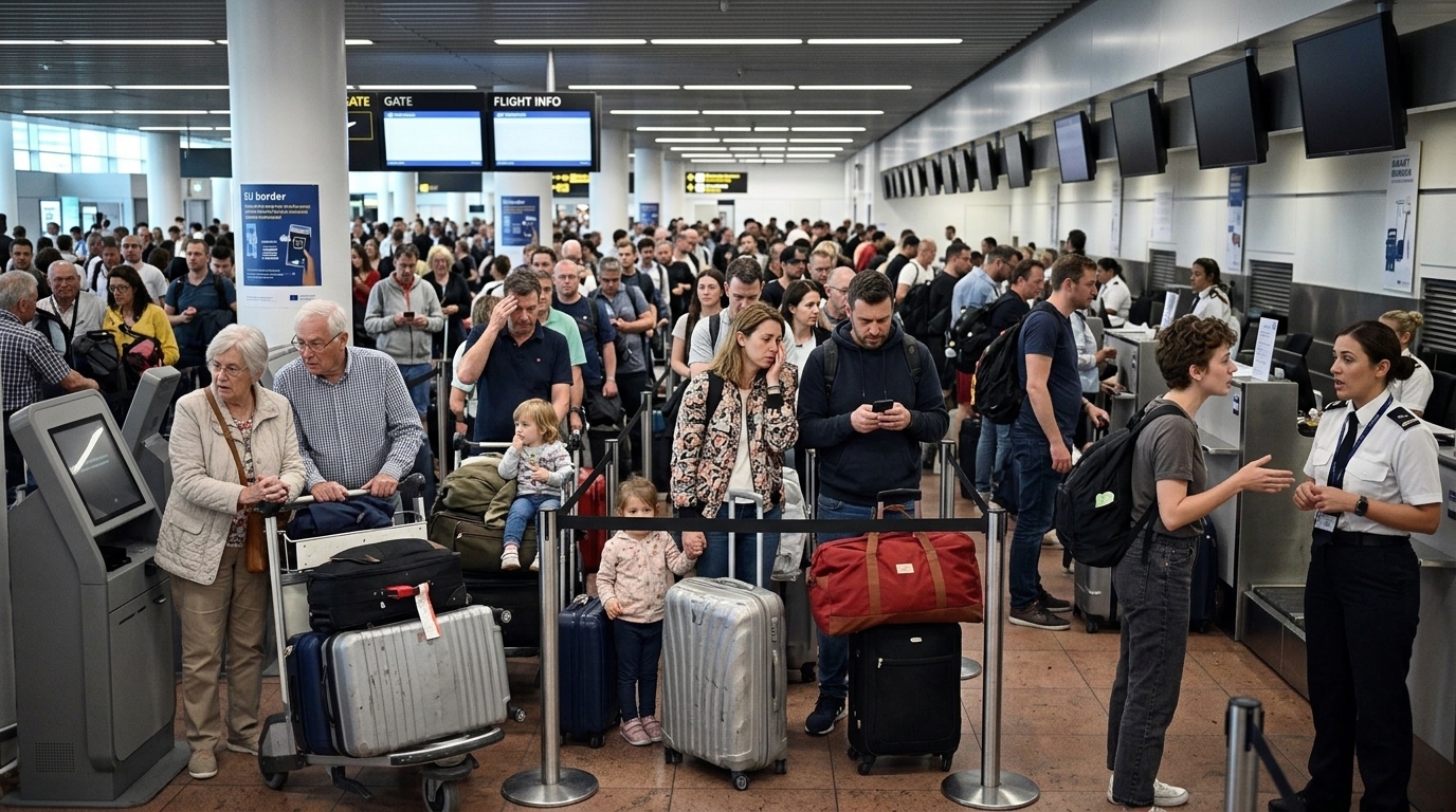 Digital passport scanner at an EU airport border control showing EES system interface.