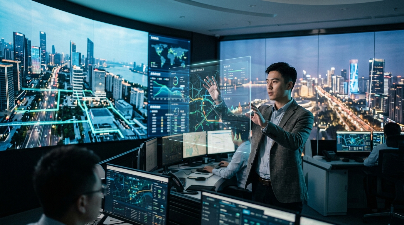 Digital visualization of the City Brain AI system for smart cities in Hangzhou.