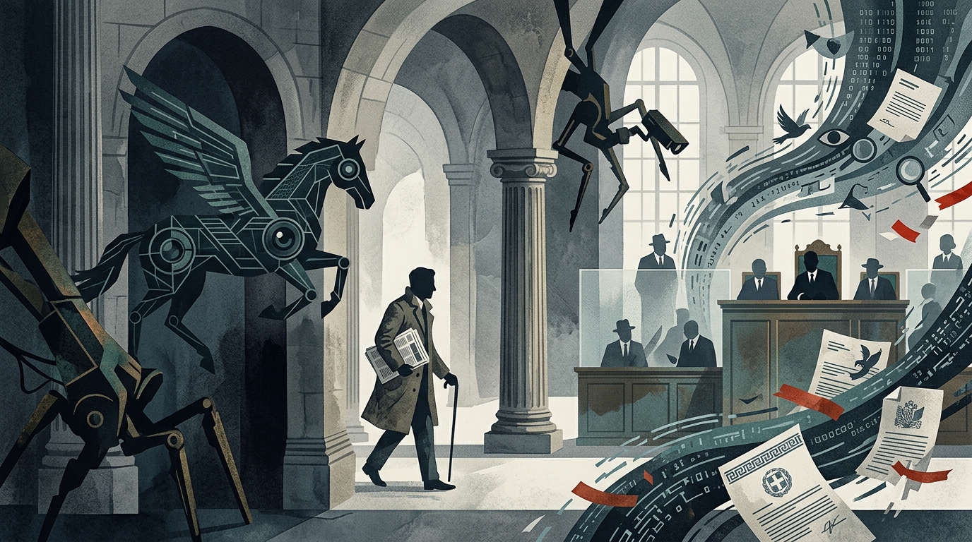 Stelios Kouloglou and Pegasus spyware visualization representing digital surveillance.