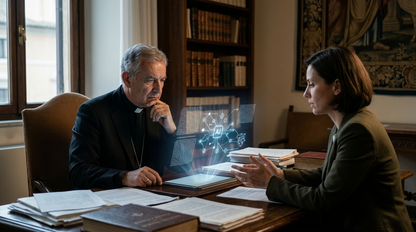 Pope Leo discussing artificial intelligence ethics and human labor at the Vatican.