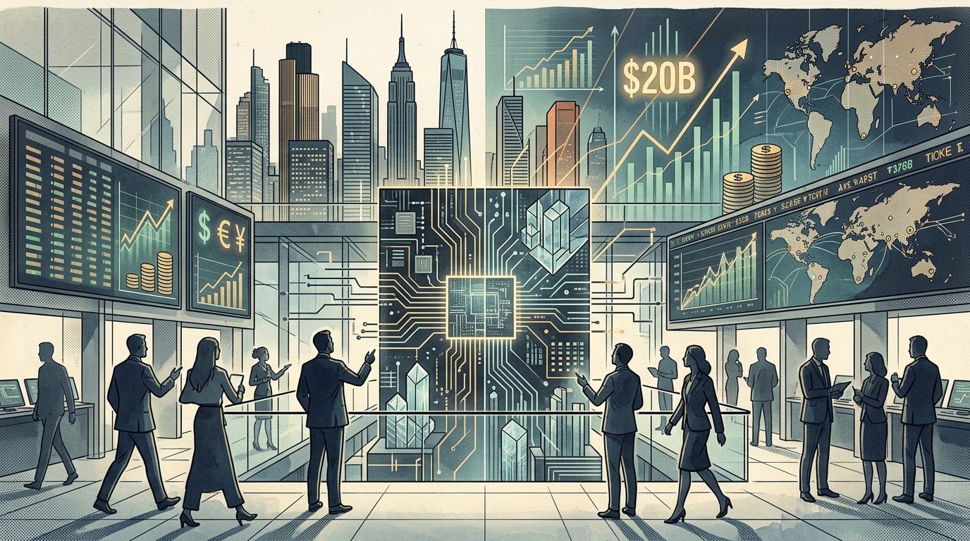 Silicon chips and AI infrastructure networks on a global map.