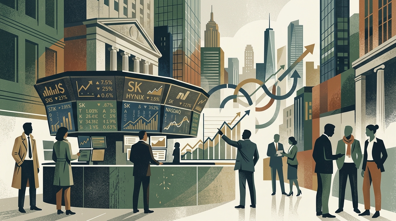 Nasdaq market site display highlighting the SK Hynix listing and foreign IPOs.