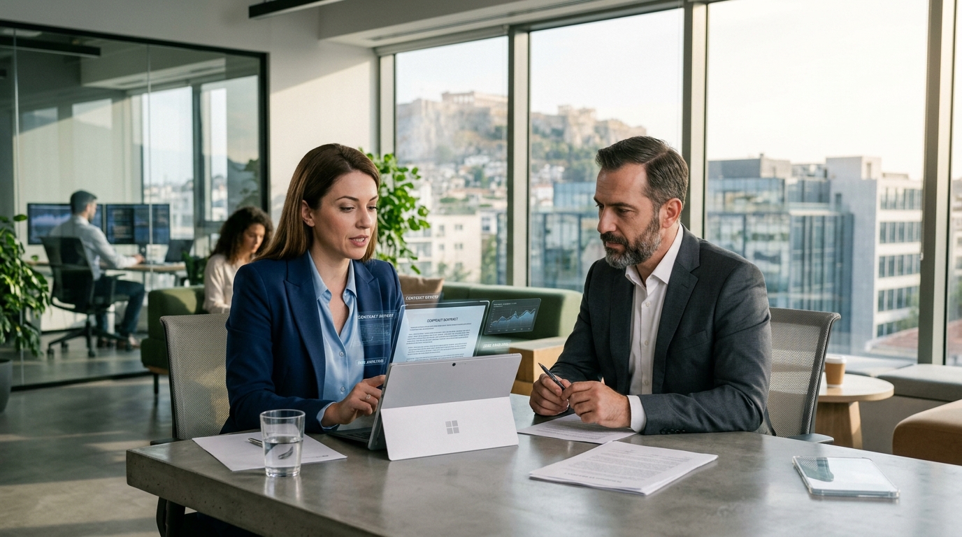 Lawyer using artificial intelligence tools in a digital legal environment in Greece.