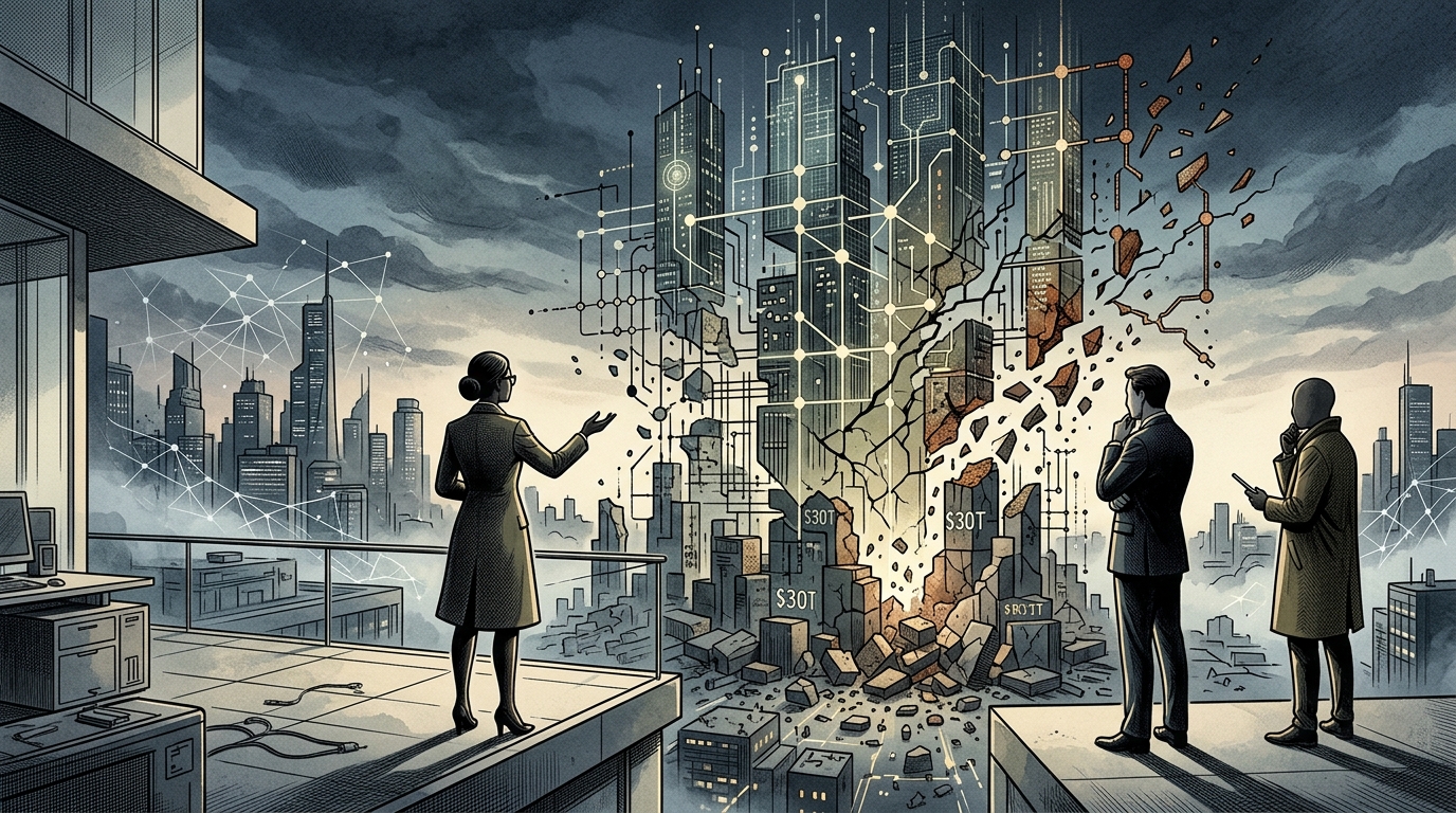 Digital visualization of global AI infrastructure and financial data representing AI reliability.