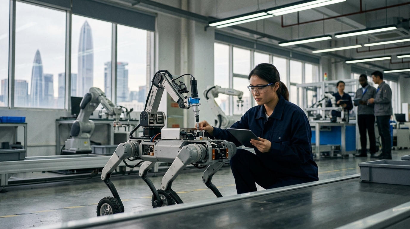 A functional industrial robot in a Chinese factory representing embodied AI technology.