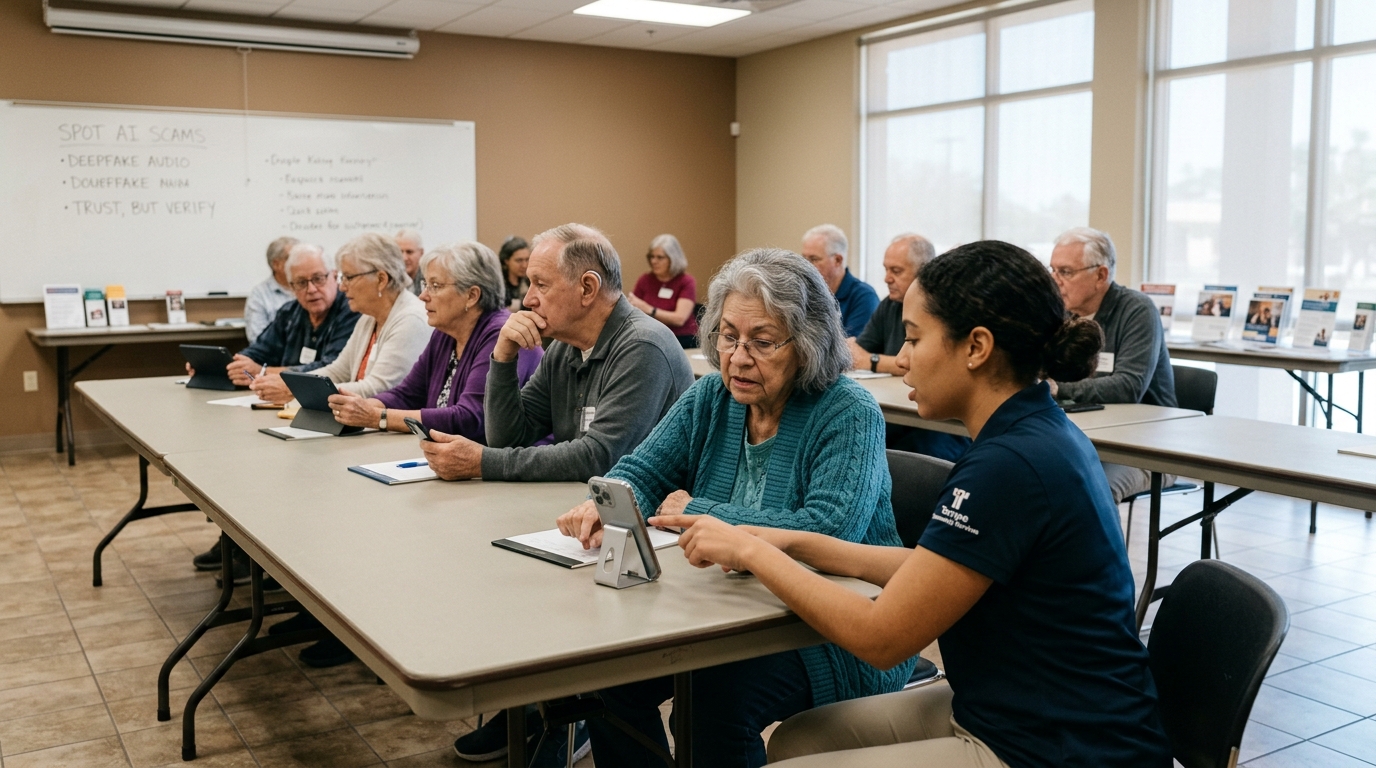 Seniors in Tempe attending a workshop on how to identify and prevent AI scams and deepfakes.