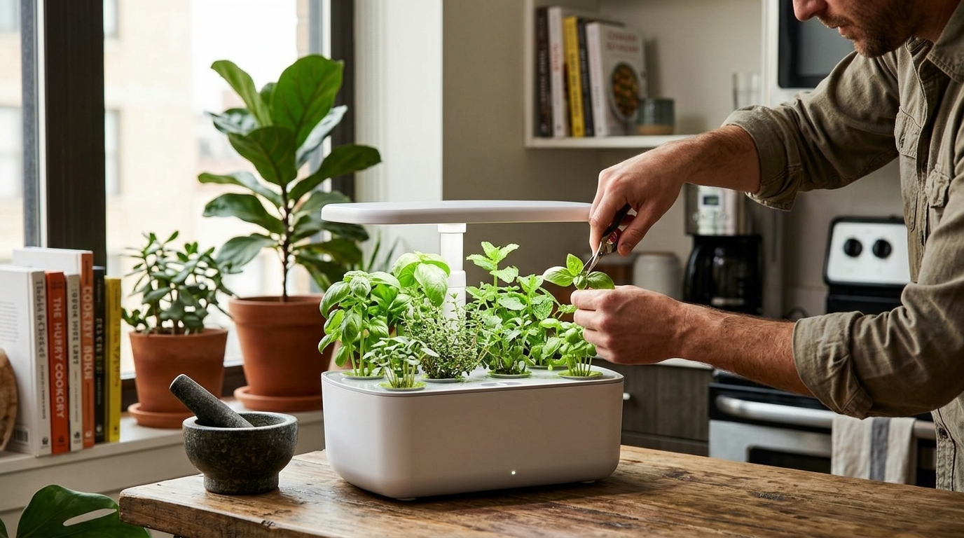 AeroGarden Harvest indoor hydroponic garden system in a kitchen