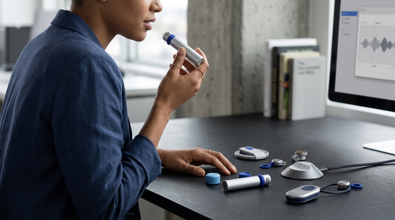 The Relay Q AI hardware device for voice-to-text input.