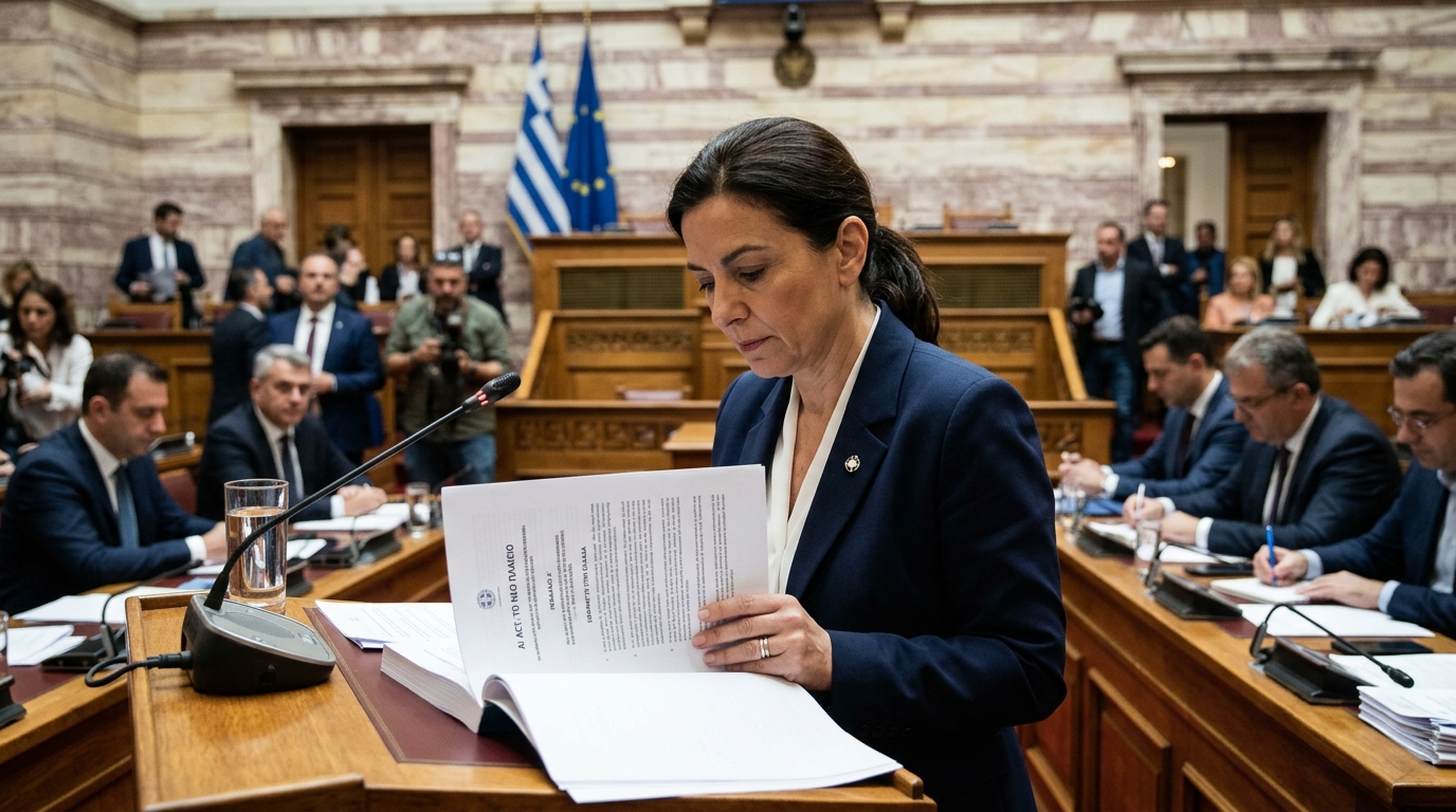 Ψηφιακή απεικόνιση του AI Act και της ελληνικής σημαίας για τη νέα νομοθεσία τεχνητής νοημοσύνης.