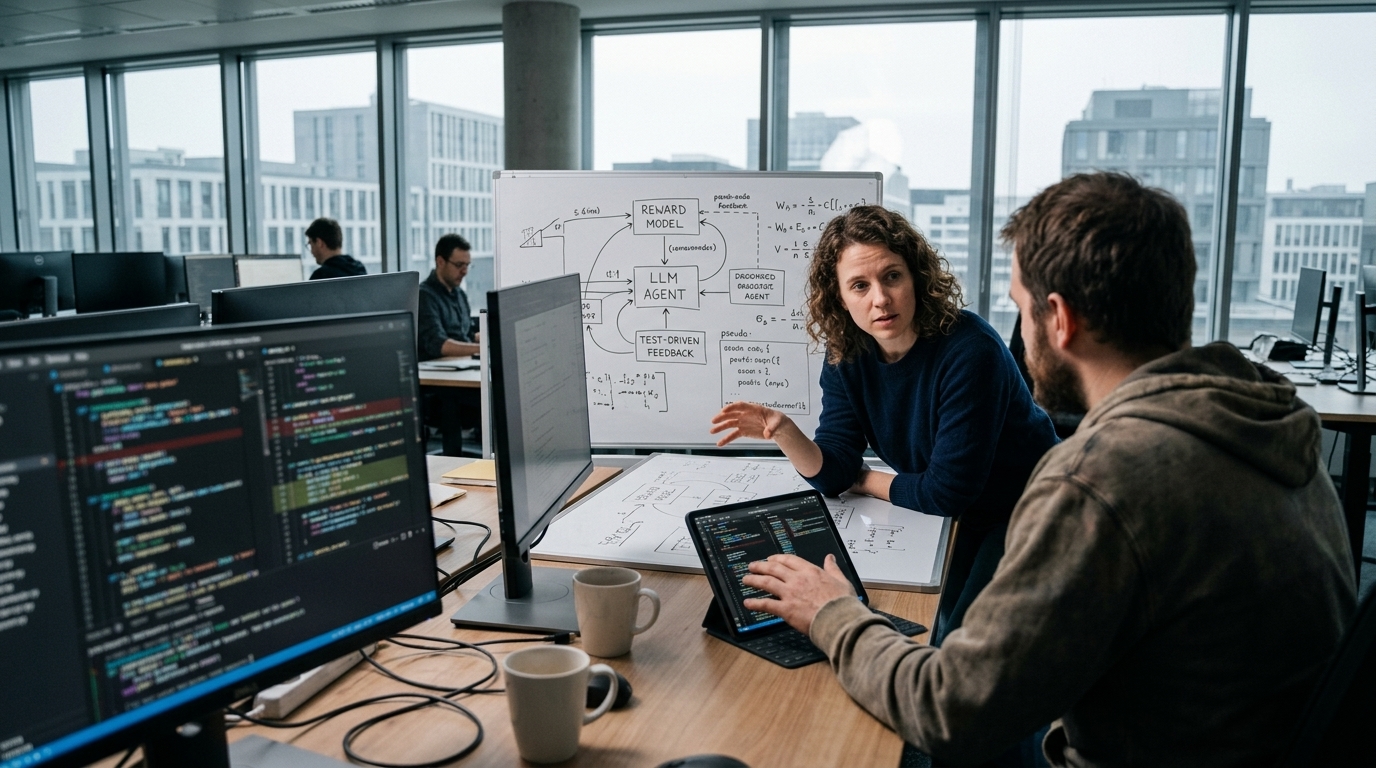 Abstract visualization of AI coding agents attempting to debug complex software logic.