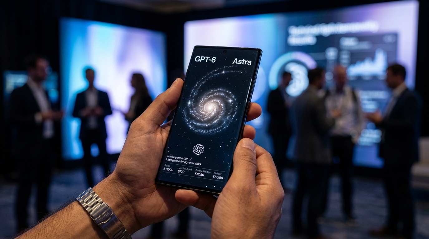 OpenAI logo and GPT-6 Astra model representation in a digital environment.