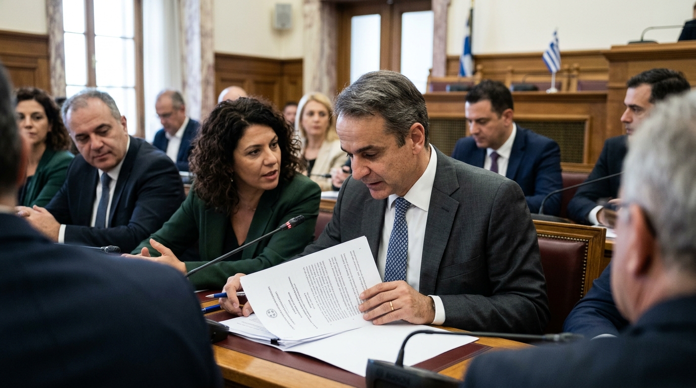 Digital representation of the Greek flag and circuits for the new national AI Bill.