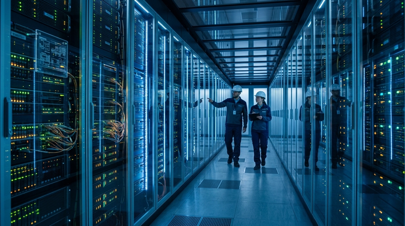 Modern data center facility in Greece under the Pax Silica initiative.