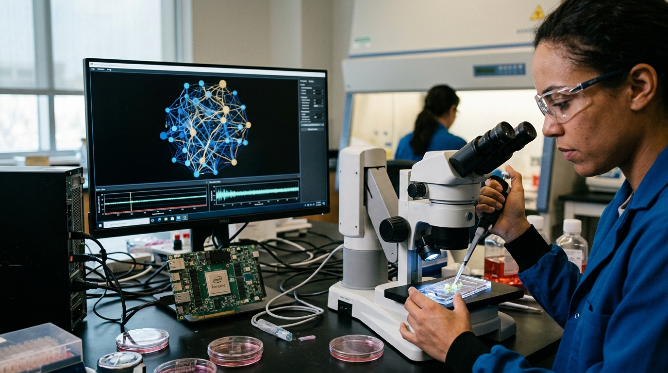 A robotic arm processing mini-organ cultures in a lab using AI automation for biomedical research.