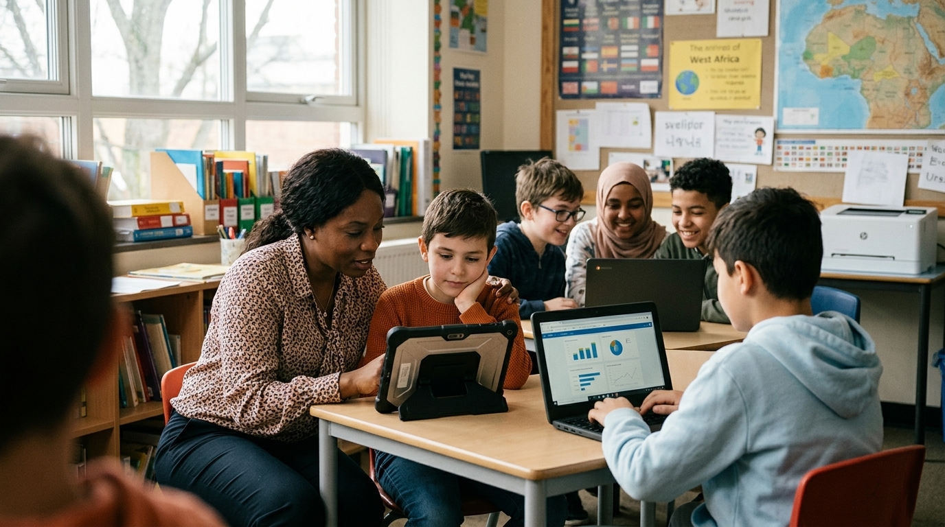 Implementation of AI in education across global classrooms.