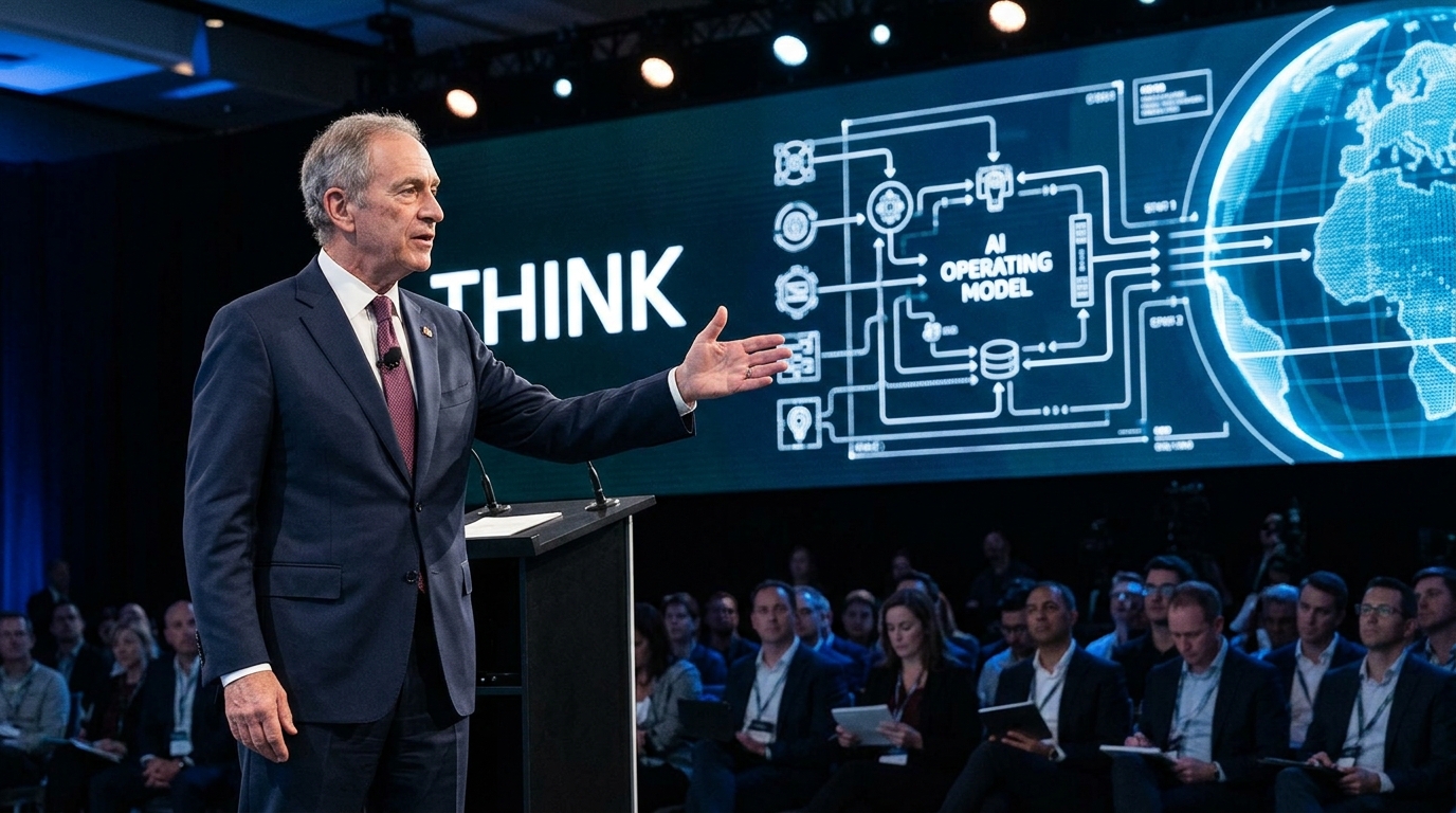 Η σκηνή του IBM Think 2026 με παρουσίαση για το Λειτουργικό Μοντέλο Τεχνητής Νοημοσύνης.