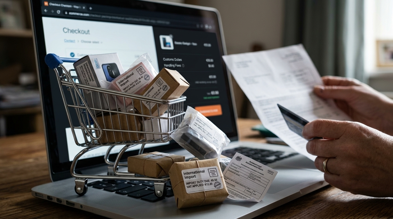 E-commerce packages with European Union flag and customs stamps
