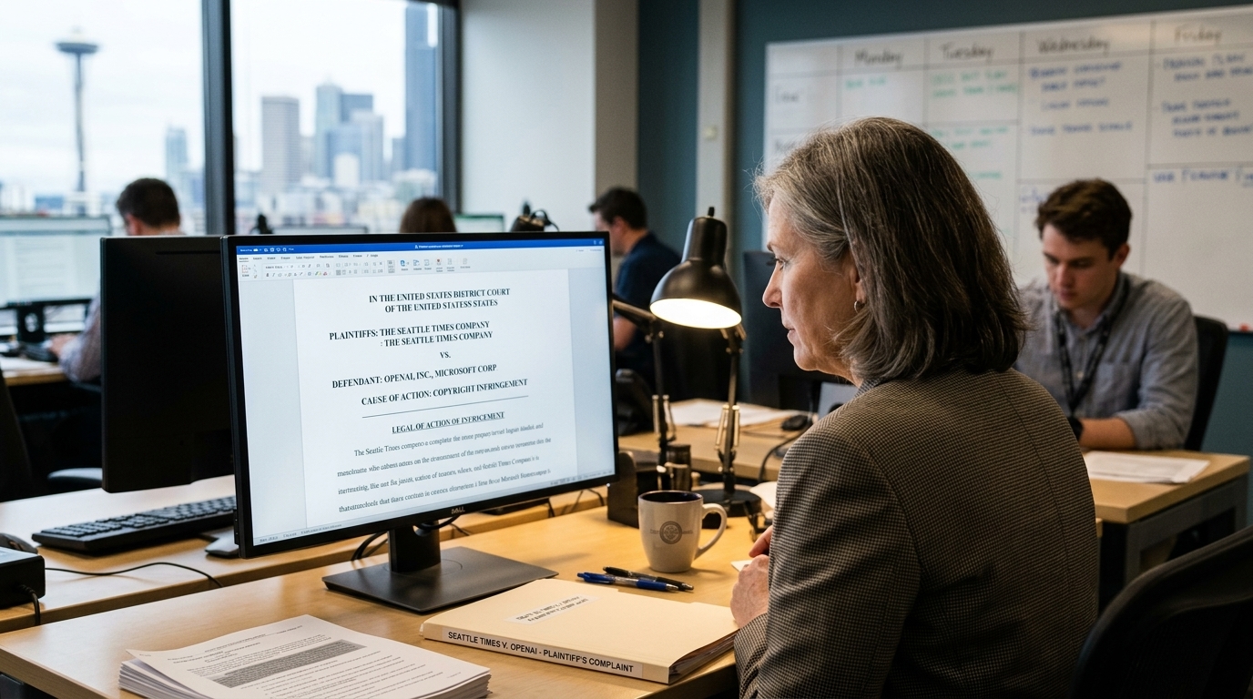 Digital representation of the OpenAI lawsuit by Seattle Times and Newsday.