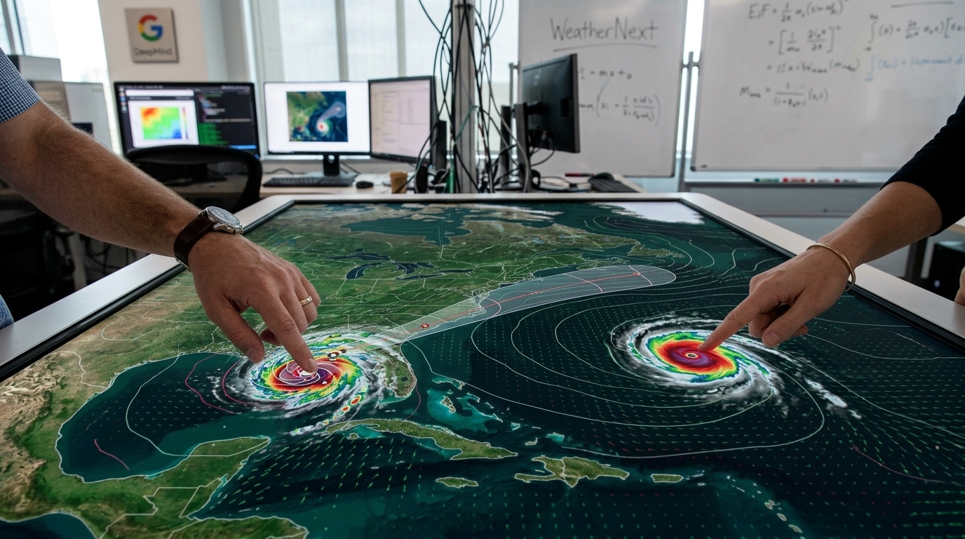 Hurricane track prediction visualization by DeepMind WeatherNext AI model.