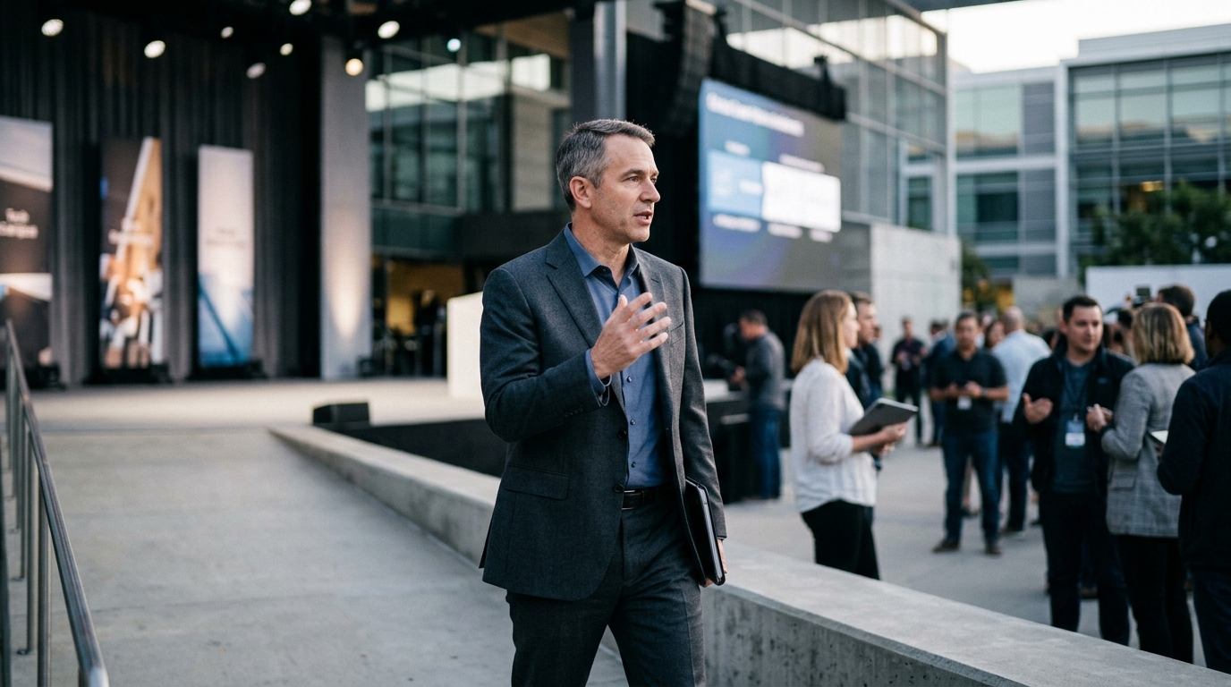 Tech executives leaving a corporate building to launch new AI startups in Silicon Valley.